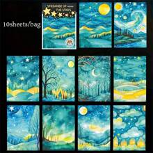 10 Sheets Glow-In-The-Dark Starry Sky Stickers - Matte Adhesive Stickers Suitable For Scrapbook, Diary, Phone Case And Frame Decoration - Starry Night Design (Moon, Stars, Clouds), Star Stickers,School Supplies,Back To School