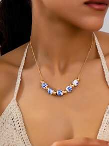 1 Stück Modischer minimalistischer blau-weißer Porzellan-Blumen-Anhänger-Halskette für Frauen, Vintage Boho