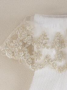 5 Pairs Lace & Gold Trim White Socks, Fashionable & Versatile, Princess Style Sweet Girls Kids Socks, Elegant - White - View 3