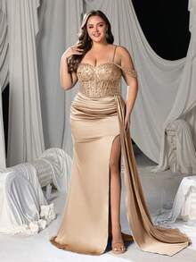 Faeriesty Curve Plus Elegant Off-Shoulder Beaded Mermaid Gown With High Slit & Side Sash – Red Carpet, Galas, Weddings, Evening Soirees