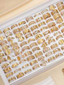 6/12/16/24pcs Set Stainless Steel Gold Tone 3D Pattern Mixed High Quality Ring Set - Yellow Gold - View 1