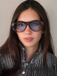 Visivana 1pc Oversized Oval Fashion Glasses, Fashion Retro High-End Glasses, Wide Frame Color Blocking Boho Vacay Vacay Vibes For Summer Beach Vacation,Outdoor,Travel - Brown Frame Blue Film - View 4