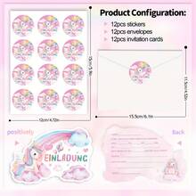 Juego de 12 tarjetas de invitación de fiesta de cumpleaños con diseño de poni arcoíris alemán: 12 tarjetas, 12 sobres, 12 pegatinas, regalo de cumpleaños, fiesta temática, reunión festiva, invitando a amigos - Conjunto de 12 unidades - Ver 12