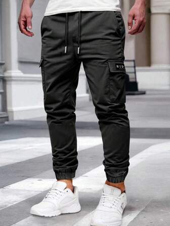 Hidkat 男士纯色工装裤，带松紧腰和侧袋，舒适休闲常规版型长裤，适合运动和户外活动，秋冬