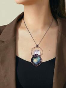 1pc Heart Flash Labradorite Antique Bronze Plated Pendant Necklace For Man Women Healing Rock Crystal Quartz Vintage Necklaces Jewelry H615 - Necklace - View 4