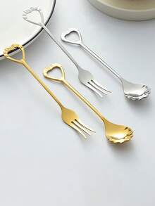 2pcs Stainless Steel Heart & Shell Shaped Dessert Spoon & Fork Set, Couple Heart Coffee Spoon, Valentine's Day Gift - Multicolor - View 4