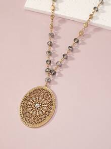 1pc Boho Zinc Alloy Rhinestone & Bead Decor Hollow Out Oval Charm Necklace For Women For Daily Decoration