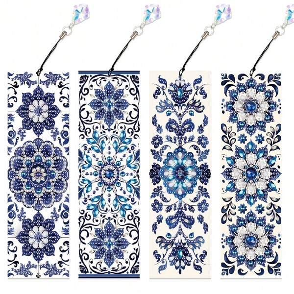 4 Packs DIY Diamond Art Bookmark Kit – Blue And White Porcelain Pattern – PET Material With Asymmetrical Shaped Beads – Includes Tassels & Accessories – Gift For Readers & Crafters