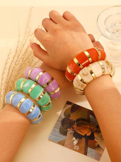 1/2pc Vintage Tie Dye Acrylic Asymmetrical Geometric Elastic Bracelet, Suitable For Women Everyday/Beach Wear