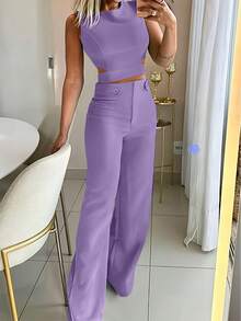 Women's Summer Thin Fashion Casual Slim Fit Elegant Solid Color Decorative Button Two Pieces Set, Modest Woven Non-Stretch Slim Fit Zipper Lightweight Spring/Summer Two Pieces Outfits - Purple - View 3