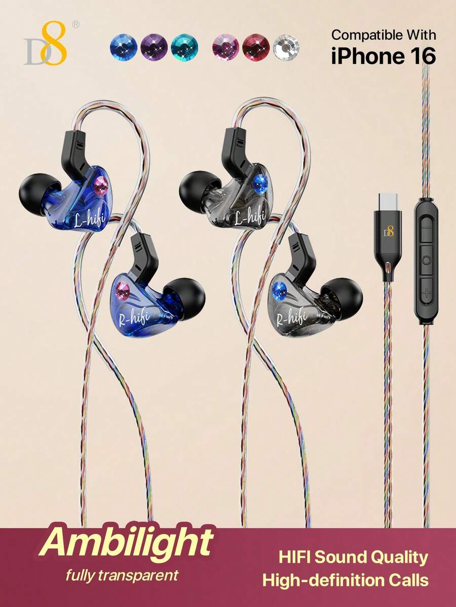 D8 USB-C 有线耳机，带麦克风、控制按钮和耳挂式设计，运动跑步入耳式耳机，兼容 17、 16/15/15 Plus/15 Pro/15 Pro Max、 17 Pro/Air/Mini、Galaxy S24/S23/S22+/S21 Ultra/S20 FE/Note 10/Note 20 和 Pixel 手机。