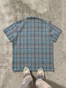 Camisa de manga corta de cuadros azules informal, suave y cómoda de moda para primavera