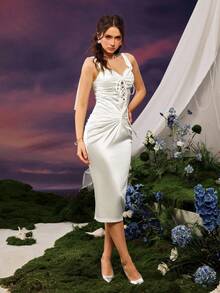 Faeriesty Stylish Wide Strap Ruched Cutout Women's Midi Dress – Modern Mid-Length Gown Featuring Bold Shoulder Straps, Elegant Front Cutout, Perfect For Date Nights, Vacations, Weekend Outings, Garden Parties, And Special Events - White - View 5