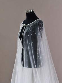 1 pièce Étole de mariée transparente de longueur cathédrale avec bordure en faux perles de couleur unie, accessoire de mariage