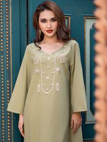 فستان طويل فضفاض بياقة على شكل حرف V مزين بالراين جديد 5214، متوافق مع المتطلبات الشرقية المحتشمة