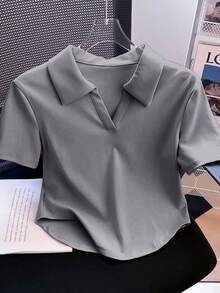 Women's Polo Collar Shirt Short Sleeve Cotton Cropped Fashion Gringa Elegant - Xám - Xem 1
