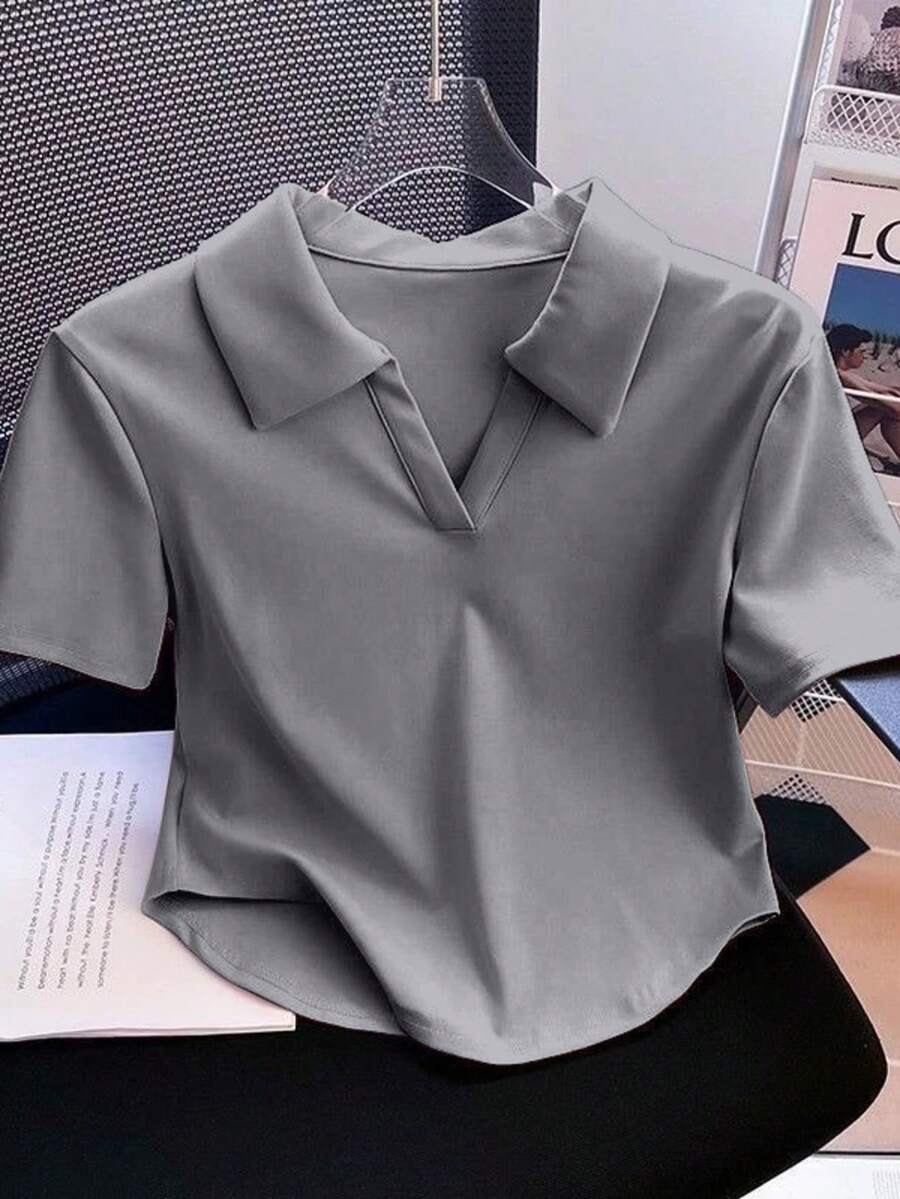 Women's Polo Collar Shirt Short Sleeve Cotton Cropped Fashion Gringa Elegant - Xám - Xem 1