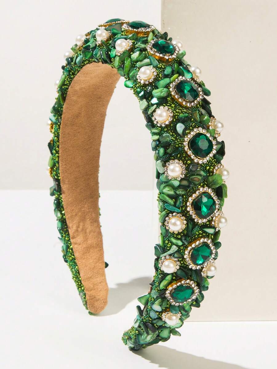 1件装女士时尚天鹅绒海绵垫发箍，复古华丽水钻和仿珍珠装饰，奢华高端派对头饰，发箍，发圈发带，发饰，头饰 - FG1370-綠色 - 查看 1