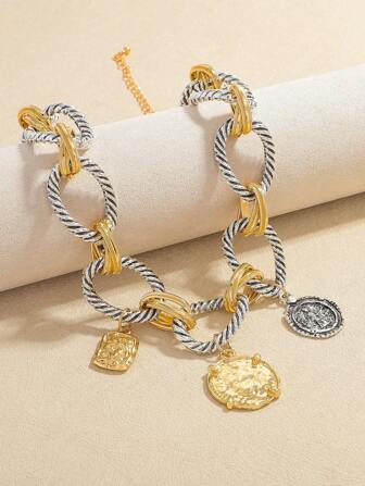 1 stuk vintage legering multi-element multi hart dames hanger ketting seardrop, holle ontwerp gouden metalen dames kettingen, geschikt voor dagelijks casual feesten bijeenkomsten dragen