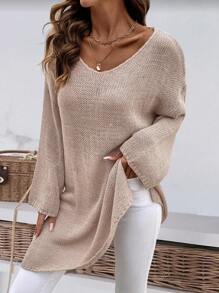 Oversize einfarbiger Rundhals Lässig Loose Split Saum Strickpullover