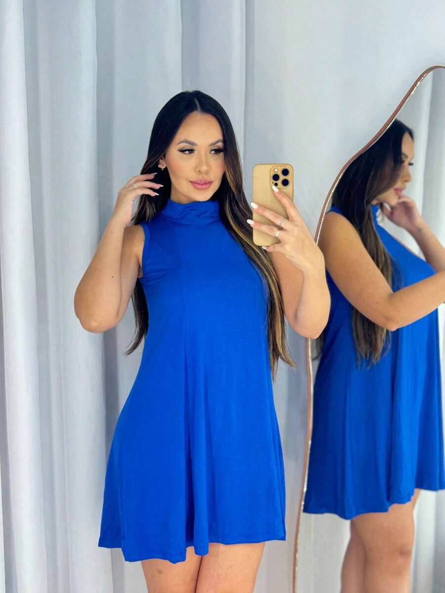 HIGH NECK LOOSE TANK TOP DRESS EVERYDAY FASHION ELEGANT - Royal Blue - View 1