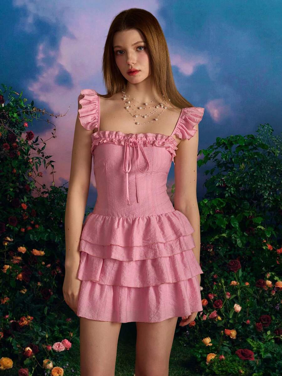 女士新款纯色时尚性感无袖短款迷你连衣裙、派对礼服、婚礼宾客礼服、性感纯情风格细肩带荷叶边蛋糕迷你连衣裙，适合鸡尾酒会 - 粉色 - 查看 1