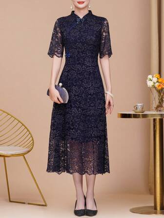 女式蕾丝花卉中长连衣裙，修身短袖，蓝色，优雅款式 - 立领，飘逸袖子，半透明，略有弹性，适合日常/休闲/婚礼/派对/订婚/仪式/宴会/社交场合/节日/半正式/生日，伴娘礼服