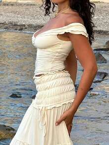 Sexy, einfarbiges Top mit V-Ausschnitt und Flügelärmeln für Damen und langer Rock mit hoher Taille und Schnürung, 2-teiliges Set, modisch - Aprikosenfarben - Übersicht 7