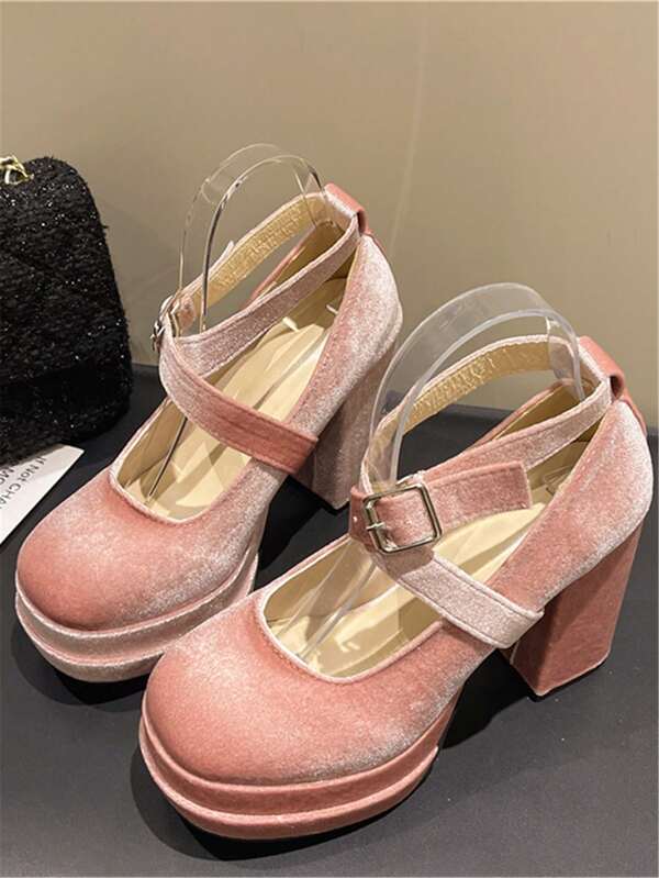 Women's Fashion Round Toe Waterproof Platform Velvet Crisscross Strap Versatile High Heel Pumps