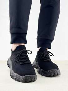 Zapatillas de punto transpirables para mujer - Cómodas zapatillas de cordones de caña baja, con suela gruesa de EVA, diseño negro adecuado para uso todo el día, calzado para todas las temporadas | Detalles de borlas a la moda | Parte superior de tejido de punto, zapatos deportivos para mujer