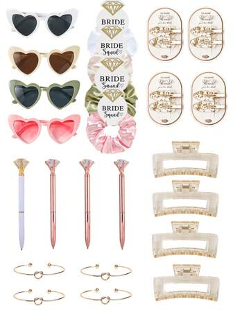 7件套伴娘礼盒：香槟色缎面发圈、发夹、心形太阳镜、水钻笔、心形手链、方形发爪夹、化妆镜 - 时尚女孩礼物、婚礼派对、发饰、学习用品、大学用品、礼物、闺蜜礼物、发带