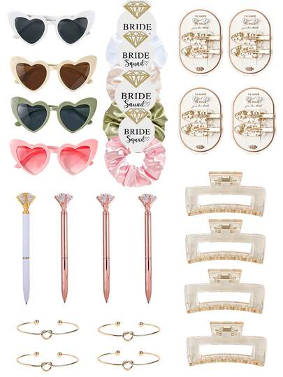 7-Piece Bridesmaid Gift Set: Champagne Satin Scrunchie, Hair Clips, Heart Sunglasses, Rhinestone Pen, Heart Bracelet, Square Hair Claw Clip, Makeup Mirror - Fashion Gift For Girls, Wedding Party, Hair Accessories, School Stuff, College, Gifts, Best Friend Gifts, Hair Bands, Head Accessories