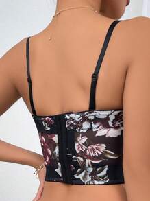 1pc Elegant Sexy French Sheer Floral Fishbone Pattern Fitted Bustier Cami With Padding, Summer