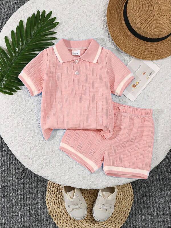 2pcs/Set Baby Boys Summer Jacquard Polo Collar Shirt And Casual Shorts Outfit