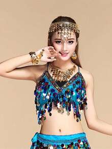 Women Glitter Sequins Circle Tassels Halter Neck Padded Belly Dance Crop Top - Multicolor - View 26