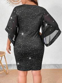 Elegantes Damen Große Größen Rock mit künstlichen Perlen Dekor, Puffärmeln und Trompetenform Saum