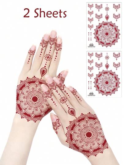 ورقتان من الوشم المؤقت بنمط الحناء باللونين البني والأحمر الكستنائي، نقل مائي أنيق ووشم مزيف دائم يناسب كلتا اليدين، فن جسدي دائم للأصابع واليد بالكامل، للنساء