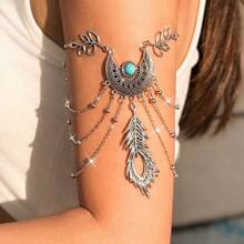 1 pieza Brazalete de cadena de metal estilo europeo bohemio, pulsera abierta vintage punk con pluma, borla y hoja atrapasueños