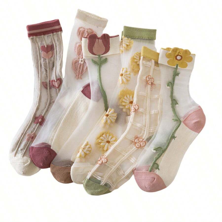 5 pares de calcetines de cristal de fibra de vidrio, medias de tubo medio transpirables de malla de seda con tarjeta de hielo transparente ultrafina con flores de plantas, suaves y cómodas. - Multicolor - Ver 1