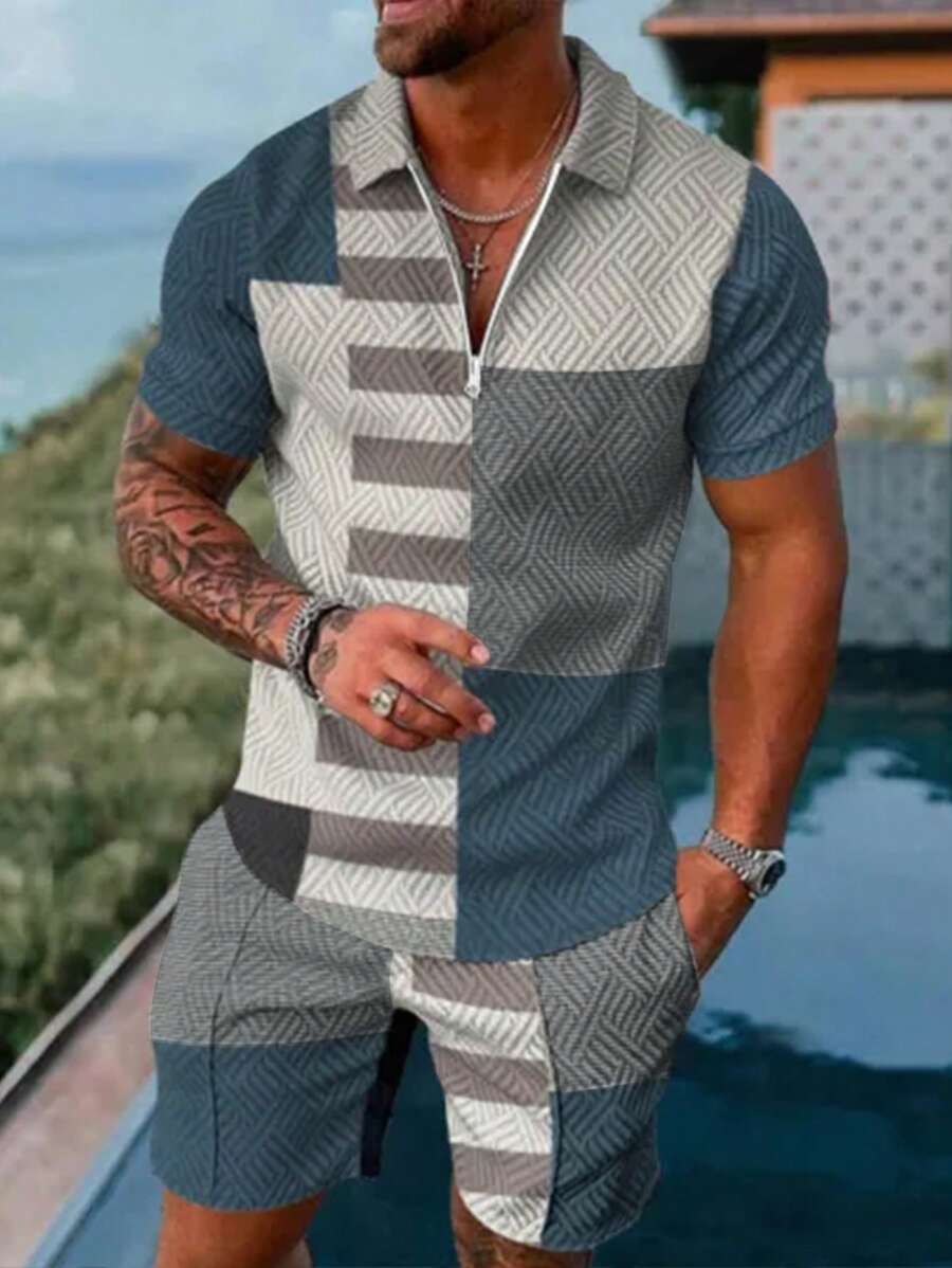 1 Set Men's Sports Casual Suit, Jacquard Splice Print Polo Shirt And Knee Length Shorts Outfit, Summer