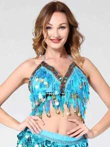 Women Glitter Sequins Circle Tassels Halter Neck Padded Belly Dance Crop Top - Multicolor - View 16