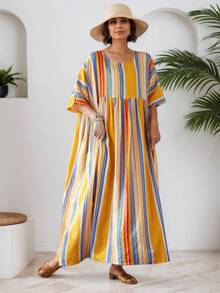 上衣，2025 女士连衣裙，休闲日常穿着，女士大码连衣裙，夏季圆领短袖黄色条纹休闲宽松连衣裙，波西米亚风沙滩裙