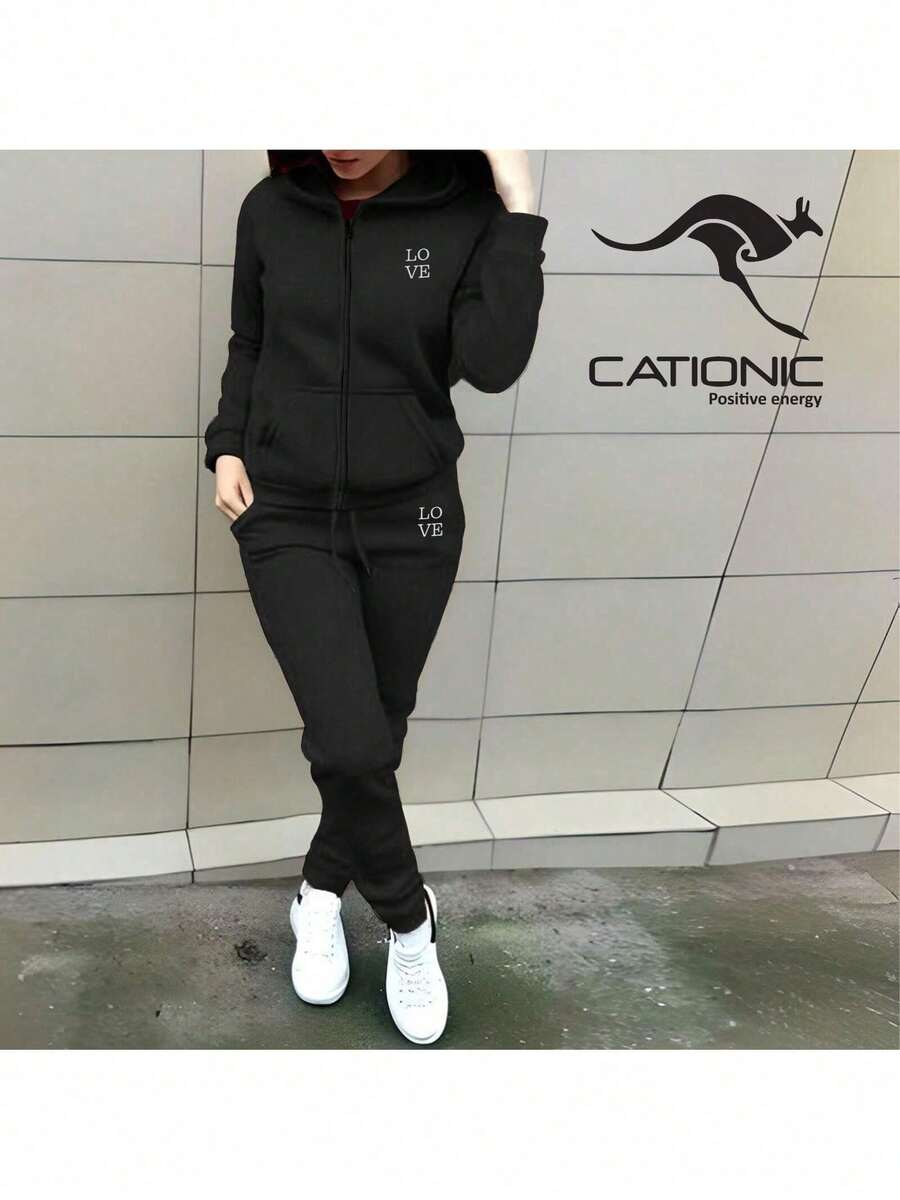 CONJUNTO 2 PIEZAS PARA USO DIARIO SUDADERA BORDADA CON CAPUCHA Y PANTALON RECTO (LS2023) - Negro - Ver 1