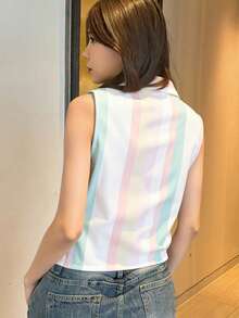 Blusa dama mujer sin mangas cuello camisero botones camisa estampado rayas pastel dulce casual - Multicolor - Ver 3