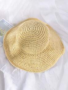 1 pieza Sombrero de paja plano tejido a mano, gorra casual ajustable con protección solar para exteriores, adecuada para primavera, otoño, viajes, vacaciones en la playa, estilo Y2K para gente joven