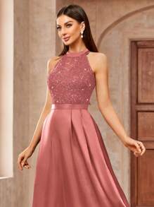 MIUSOL 亮片花卉蕾丝露背领撞色缎面褶皱下摆晚会长裙，优雅女士连衣裙，正式晚礼服，舞会礼服，适合婚礼嘉宾、毕业典礼、晚宴 - 藕粉色 - 查看 9