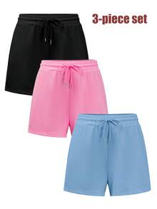 3pcs Solid Color Elastic Waist Tie Loose Fit Sports Shorts & Lounge Pants - Pink - View 3