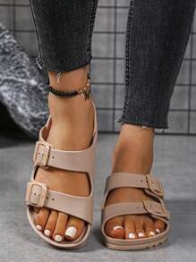 Sandali piatti alla moda da donna beige, con fibbie doppie regolabili in EVA leggeri, slip-on con cuscinetto morbido, antiscivolo e durevoli per uso all'aperto e in spiaggia