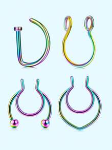 4 pièces Style punk Faux piercing Faux anneau de nez Septum sans perçage Pince à nez Rock HipHoop Bijou de corps en acier inoxydable de mode