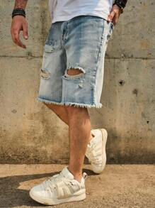 Light Blue Distressed Denim Shorts For Men, Loose Straight Leg Casual Shorts, Summer